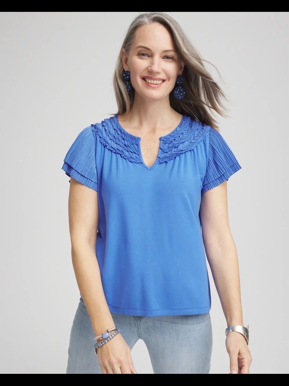 Chico's NWT Touch Of Cool Layered Pleat Flutter Tee Blue Pearl 3/XL